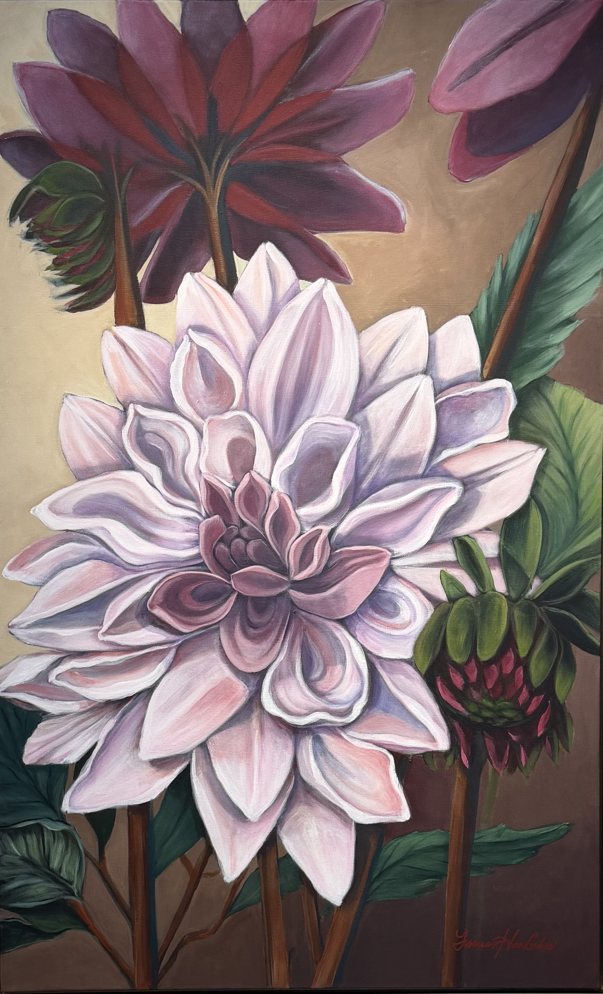 Here the same pale pink dahlia is rendered even more intimately, its layered petals open and flowing, anchored by a burgundy bud to the right and the dramatic back of a deep wine-colored dahlia above. The palette is slightly deeper and more theatrical, with warm browns and soft creams behind the blooms, emphasizing contrast and continuity. Together, I and II read as partners — light and shadow, front and back, opening and closing — a waltz of growth, bloom, and return.