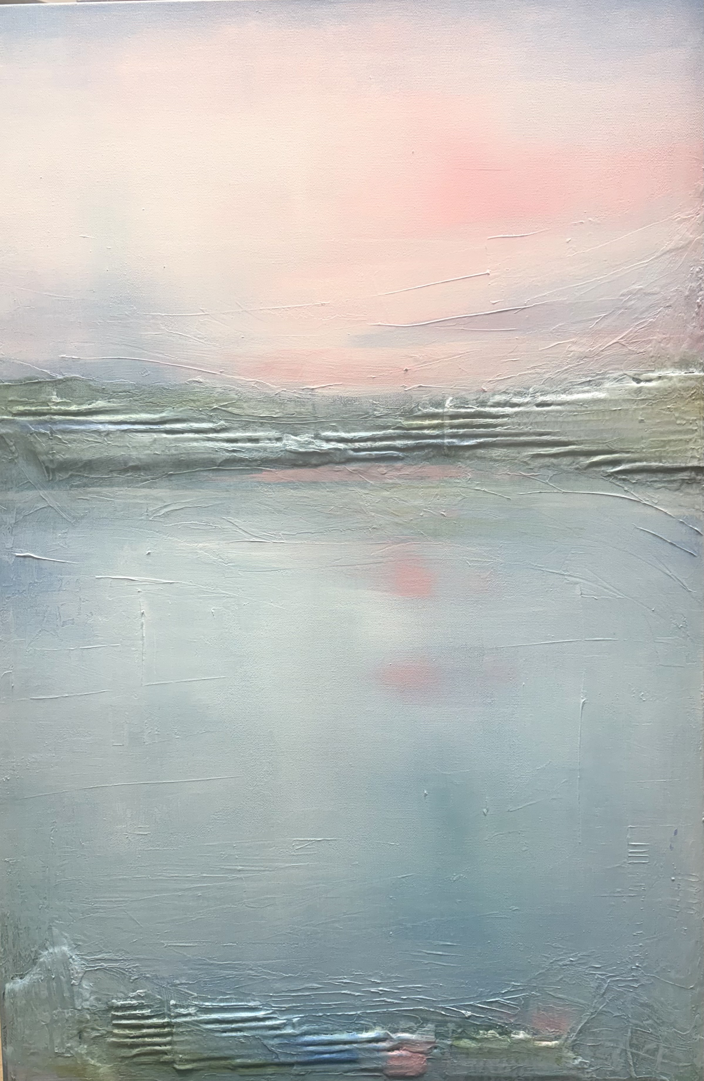 The canvas is dominated by a vast, diffused sky melting from soft lilac-blue at the top into warm washes of peach, shell-pink, and cotton-candy rose — the fleeting light of sunset over the Gulf. Below, a low, heavily textured horizon line in sage, silver, and pearl anchors the composition, its thick, combed impasto catching real shadows and suggesting distant dunes or a quiet tidal flat. The lower expanse is a mirror of water and light, rendered in misty layers of pale aqua and foggy blue, with just a few intimate touches of pink reflected back. Minimal, peaceful, and incredibly tactile, it’s less a landscape than a feeling: that sweet, suspended moment when the sky turns pink and the world holds its breath.