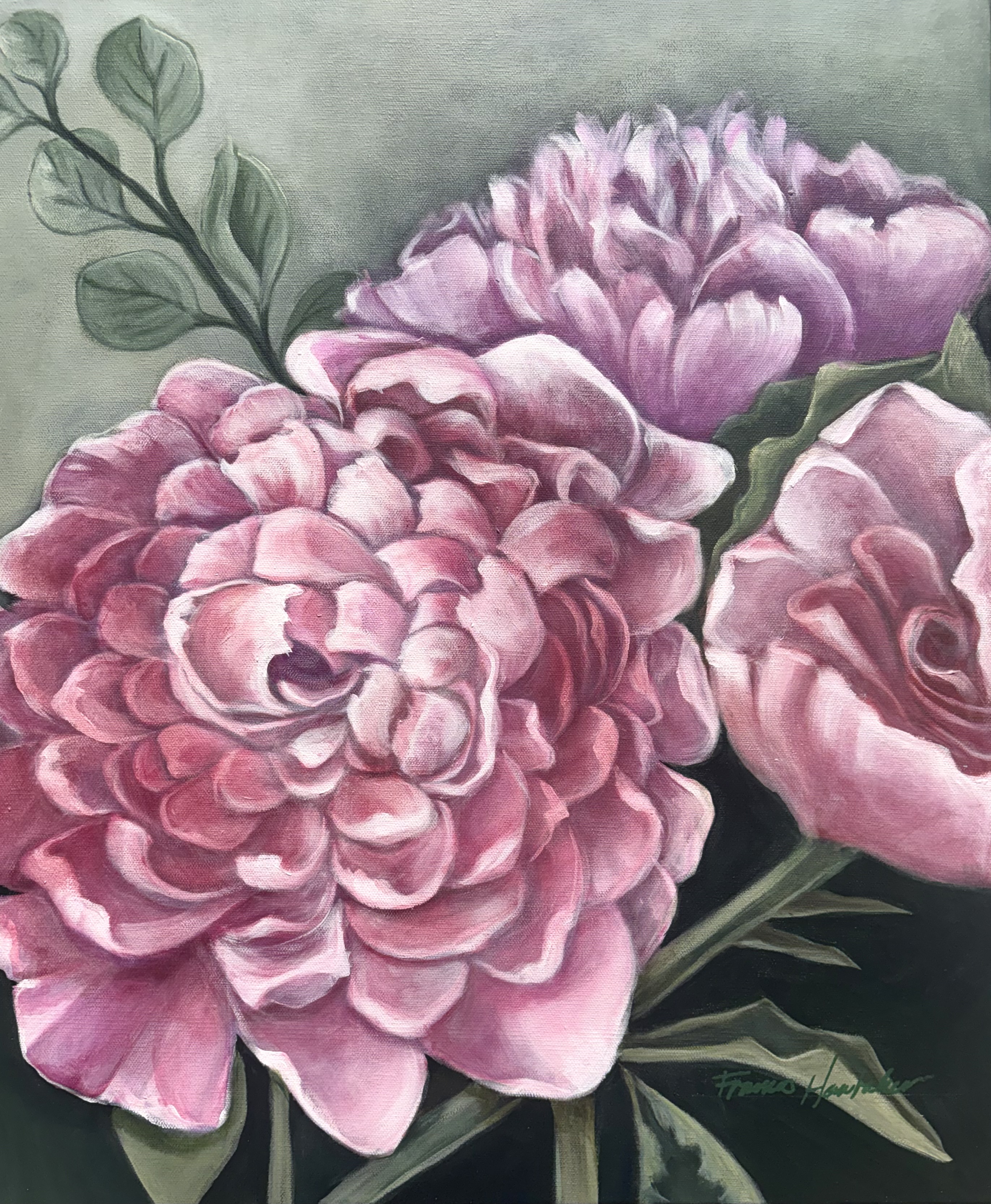Three full, ruffled peonies crowd the canvas in a joyful, overlapping cluster, their petals layered in shades of rose, blush, and soft lavender, each catching the light differently. The foreground bloom is painted with exquisite detail — a swirling spiral of luminous petals — while the two companions behind it soften slightly, creating depth and a sense of conversation between them. Set against a muted sage and deep shadowed ground, with a single sprig of eucalyptus arching in from above, the composition feels both abundant and tender. It’s a portrait of friendship: close, warm, and beautifully in bloom together.