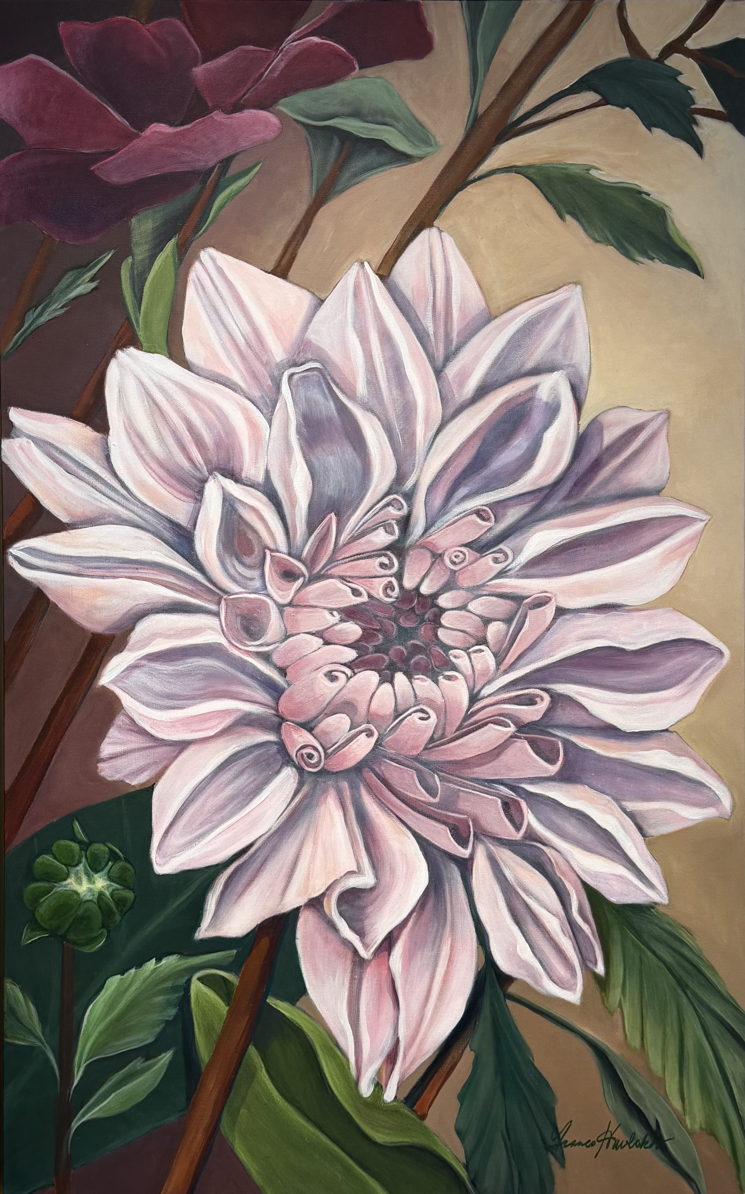 A large, luminous light-pink dahlia dominates the canvas, its petals softly curled at the tips and shaded with hints of lavender and warm peach, catching the light against a warm, golden-taupe ground. Above, a deep magenta bloom leans in, and below, a tight green bud promises the next turn. Rich green leaves and russet stems weave through the composition, creating a lyrical, vertical rhythm that feels like the first, elegant sweep across a dance floor.
